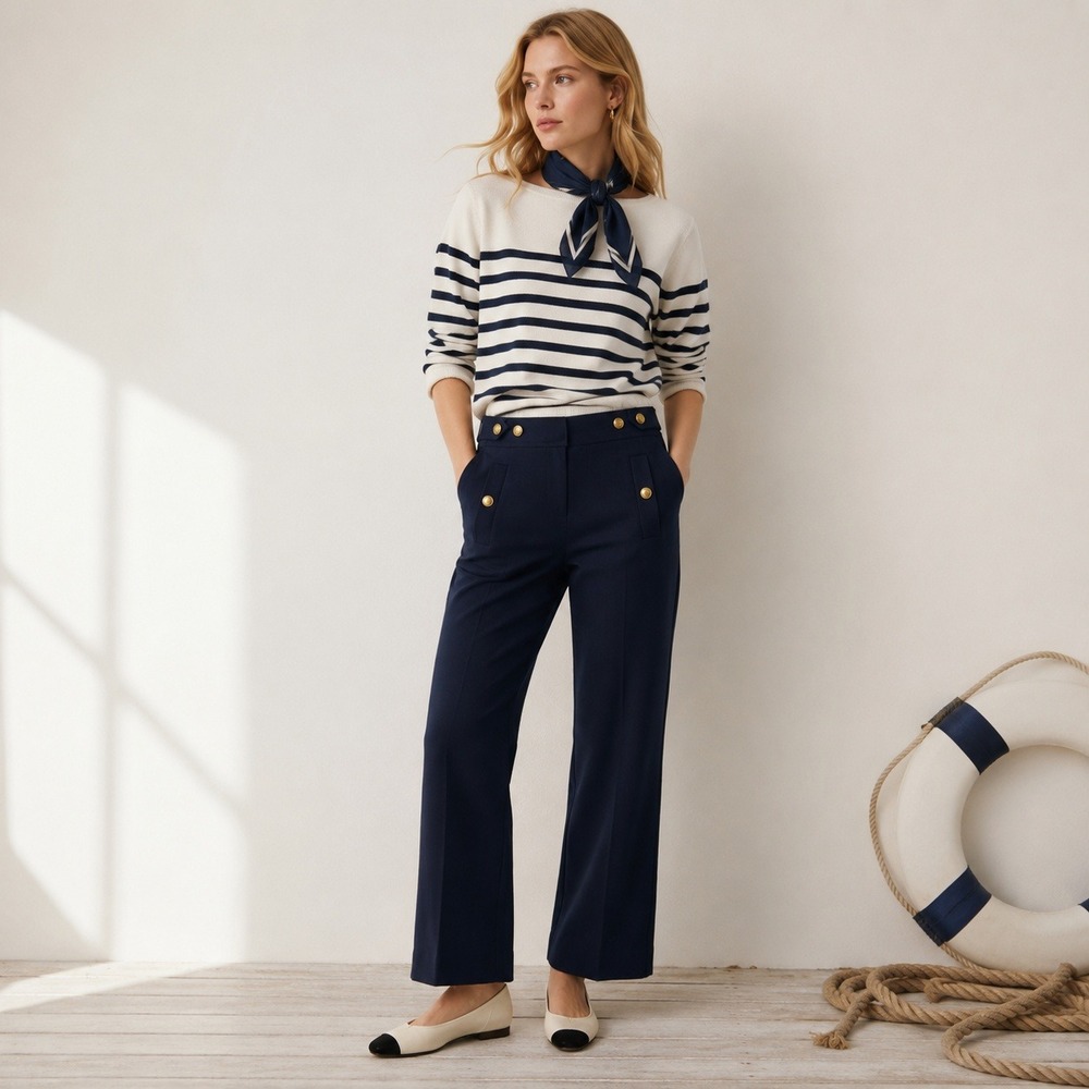 J.Crew Sailor Trousers Wide Leg Blue Wool Blend Gold Crest Nautical Coastal 0